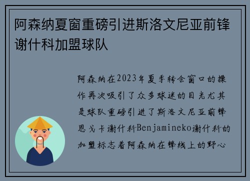 阿森纳夏窗重磅引进斯洛文尼亚前锋谢什科加盟球队